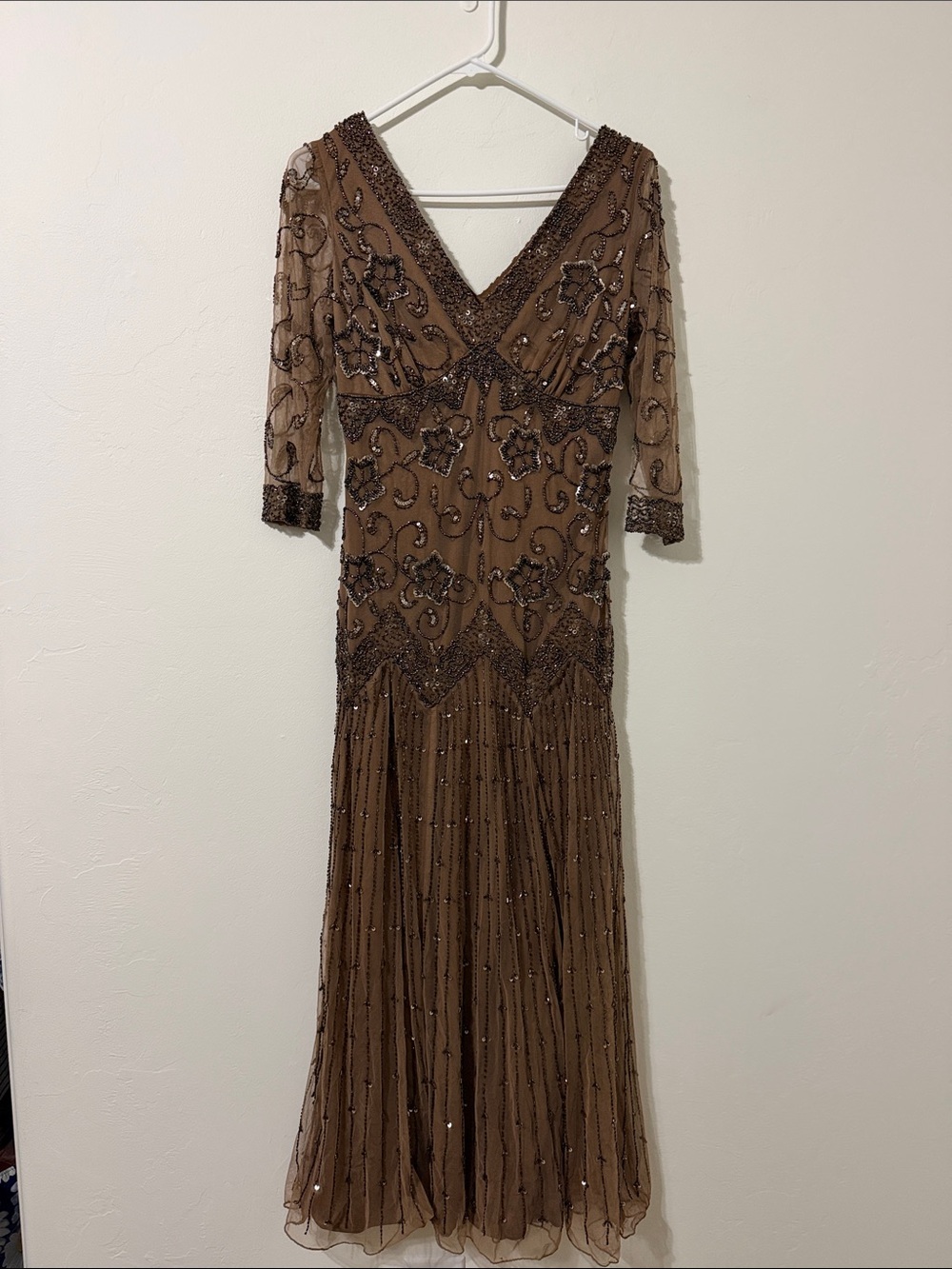 Pisarro Nights Brown Beaded V-Neck Evening Gown